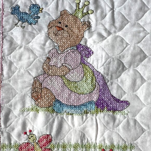 Baby Quilt Blanket "The Princess Sleeps Here" Hand Cross Stitched - Darling! - Picture 6 of 8